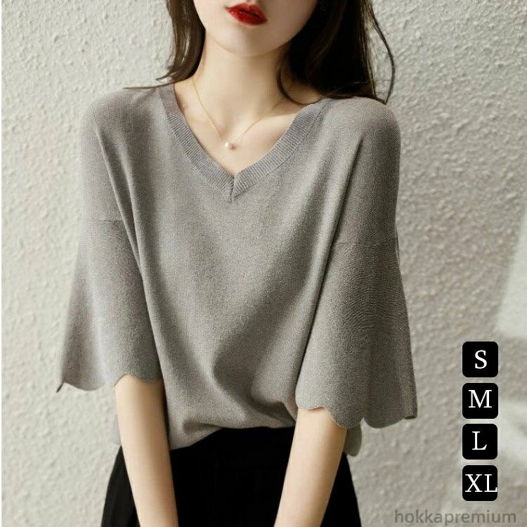 【送料無料】50代 40代 30代 ニットインナー 大人 おしゃれ プルオーバー ゆったり vネック 半袖Tシャツ 綿 春夏 レディース