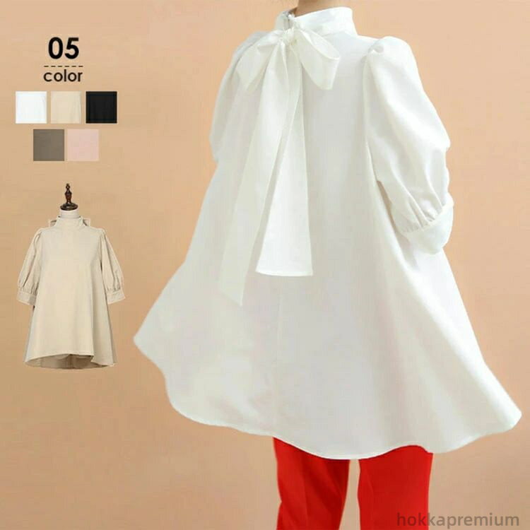 【送料無料】20代 ホワイト おしゃれ リボン キレイめ ゆったり ボリューム袖 半袖 ボウタイブラウス 無地 シャツ L M 全5色 夏 レディース