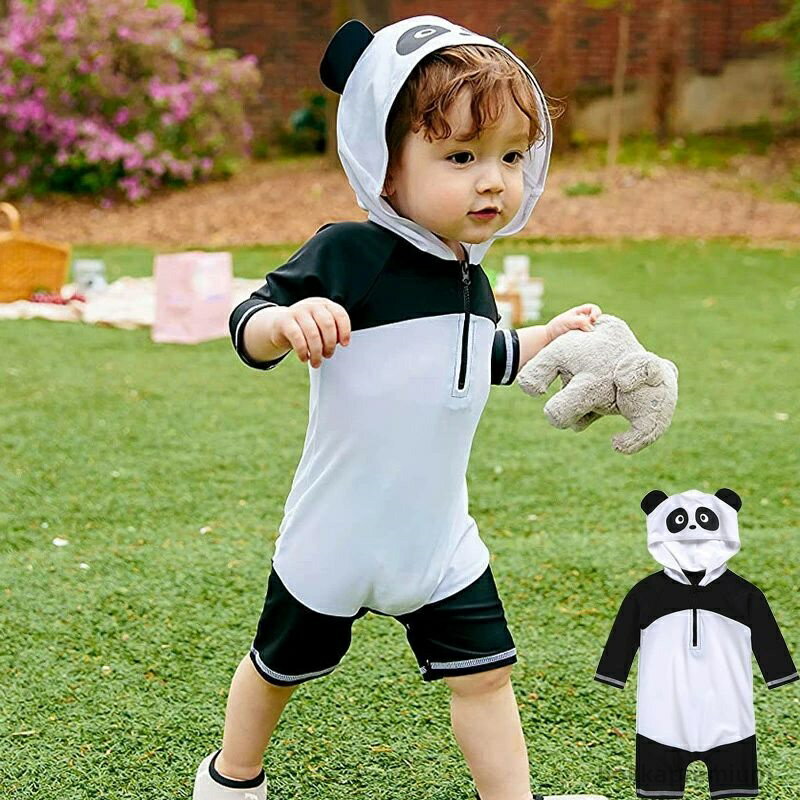 【送料無料】スイムウェア 子供用 ロンパース 赤ちゃん こども 男の子 女の子 キッズ パンダ オールインワン 水着 フード付き ベビー