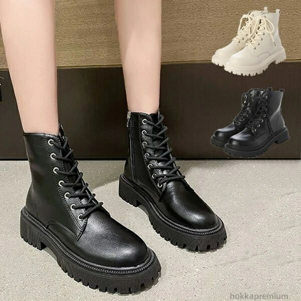 【送料無料】オフホワイト ブラック レディース シューズ 靴 ブーツ 白 黒 レザー調 合皮 太ヒール 歩きやすい ショート レースアップブーツ