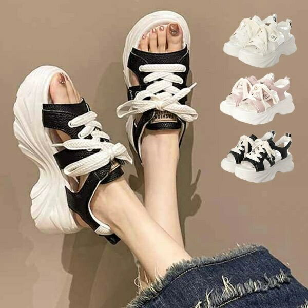 【送料無料】ブラック ピンク ホワイト レディース 靴 シューズ 黒 白 スポーティー 歩きやすい PUレザー 合皮 レースアップ 厚底 サンダル