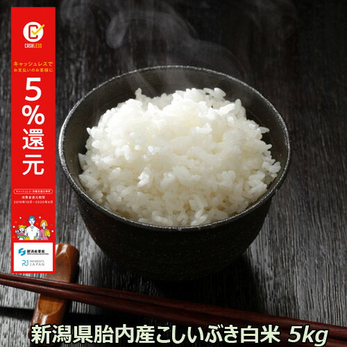 令和元年産 新米 新潟産こしいぶき 5kg 白米 【精米済】送料無料 食味Aランク (ほぼ 無農薬) 一等級 キャッシュレス・消費者還元事業　ご利用金額に対して5％ポイントUP