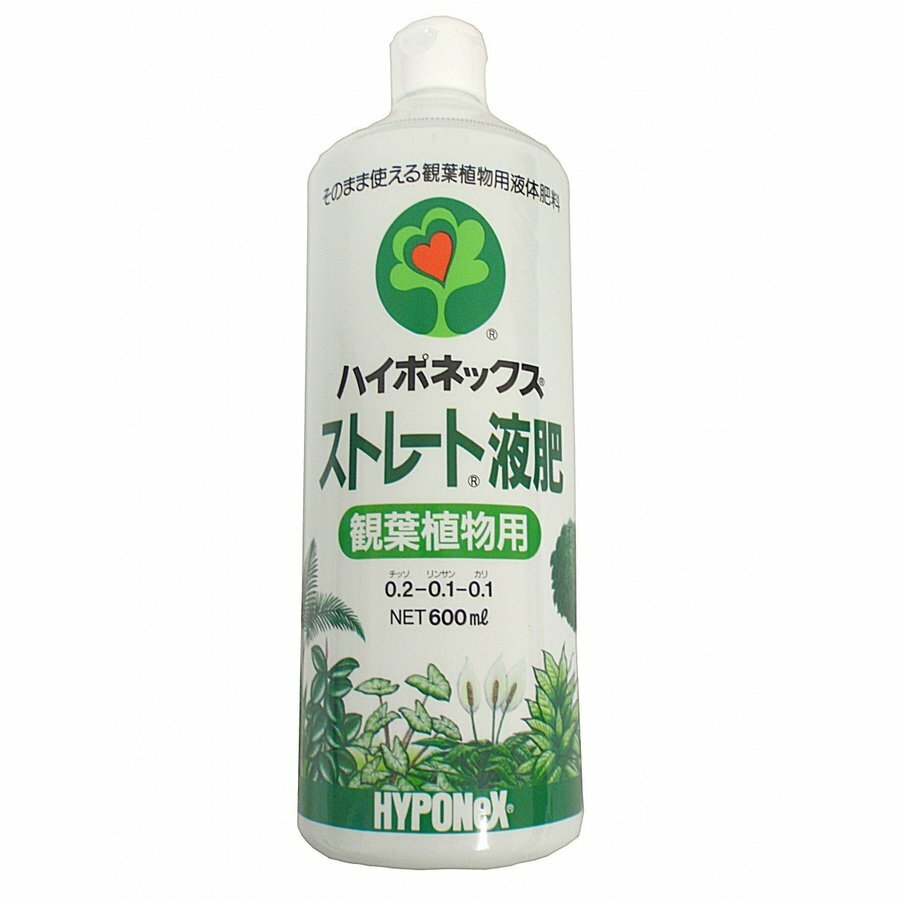 ハイポネックス ストレート液肥 観葉植物用 600ml ガーデニング 液体肥料 うすめずそのまま使う 特長●花を咲かせるために必要な栄養素、チッソ（N）、リンサン（P）、カリ（K）などの各種栄養素をバランス良く配合し、初めて肥料を使う方など、どなたでも簡単にお使いいただけます。●素早く清潔な、そのまま使える肥料です。使用方法●7〜10日に1回そのまま与えます。●植え替えをしたときは、2〜3週間後から与えてください。●夏場の高温期は2週間に1回与え、冬場の低温期などは使用を避けて下さい。適用植物（観葉植物）ポトス、ベンジャミン、ドラセナ、シダ、などの観葉植物類。N-P-K=0.2-0.1-0.1 11