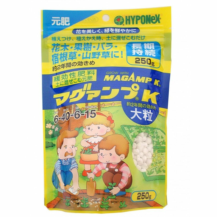 肥料 ハイポネックス マグアンプK 大粒 250gガーデニング 園芸 マグァンプ 土に混ぜ込む緩効性肥料 特長様々な植物の植えつけ、植え替え時に土に混ぜ込むだけで植物の生育を促進します。庭木、花木などの比較的植え替えの少ない植物に適しています。リンサン（P）成分の働きで、花、実つきを良くすることはもちろんのこと、植えつけ、植え替え時の根の伸長を促進する効果もあります。使用方法●植え付け、植え替え時に土に混ぜ込んでください。●置肥(土に混ぜ込まず、土の上に置く)として使用する場合は、植え付け、植え替え3〜4週間後に与えます。●ラン類への使用は土に混ぜ込まず置肥として使用します。●追肥として液肥のハイポネックスをお使いいただくとさらに効果的です。N-P-K-Mg＝6-40-6-15　マグネシウム配合 11