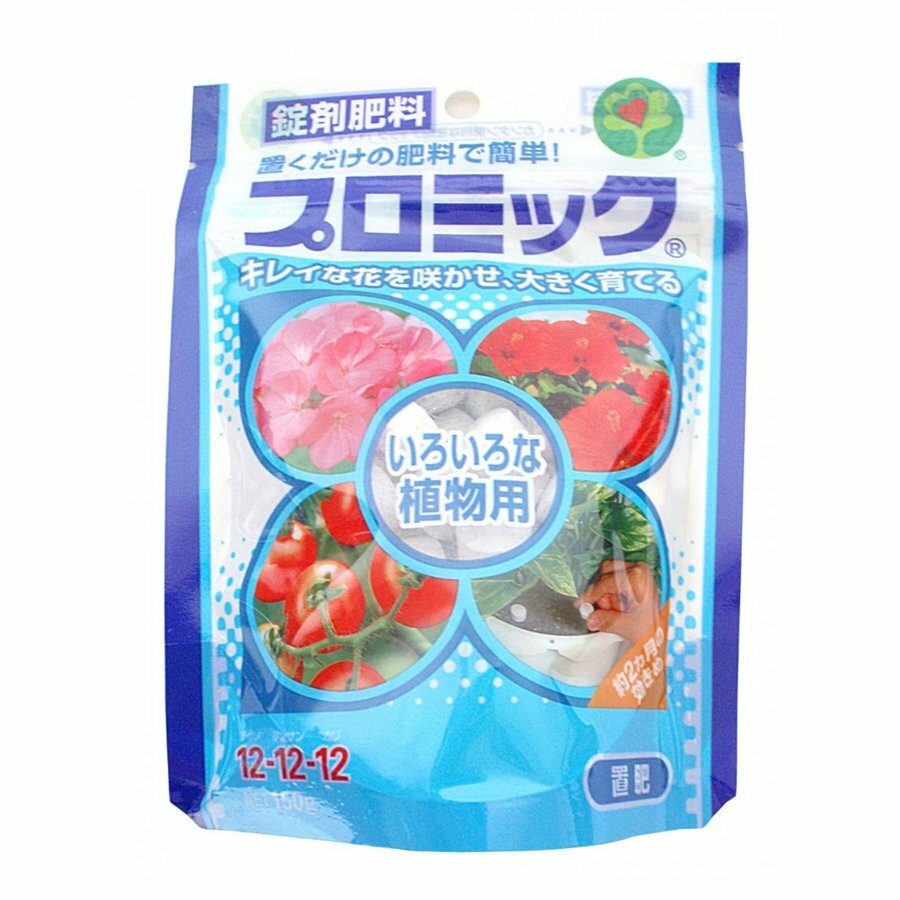 肥料 ハイポネックス プロミック いろいろな植物用 150gガーデニング 園芸 錠剤 置くだけの簡単な肥料 特長●使い方は簡単！土の上に置くだけです。●臭いもなく清潔なので、玄関先、ベランダ、室内でも安心です。●早く効く成分(速効性)とゆっくり効く成分(緩効性)を含み肥料効果が約2ヵ月間持続します。●緩効性窒素(ウレアホルム)入り●水やりごとに溶けて、こなごなに崩れたら、次に与えるタイミングです。使用方法●土の上に置いてください。●植物に直接触れないように、鉢の縁近くに置いてください。●植えつけ、植え替えした植物は1か月後かた与えます。●約2ヵ月ごとに新しい錠剤を与えてください。●気候、土、水やりなどにより錠剤の崩れる速さが異なりますが、約2ヵ月間は肥効が続きます。適用植物●草花、鉢花、花木、果樹、観葉植物、アロエ、金のなる木、野菜類などチッソ：リンサン：カ　リ12：12：12マグネシウム・マンガン、ホウ素 配合 11