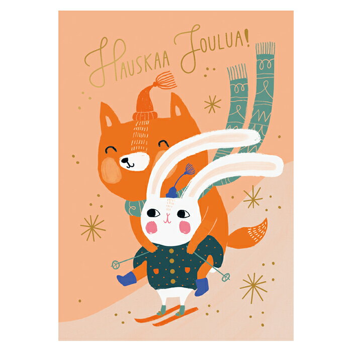 Putinki プティンキ クリスマスポストカード ( Mira Mallius ミラ・マリウス / スキーをするウサギとキツネ )【北欧雑貨】