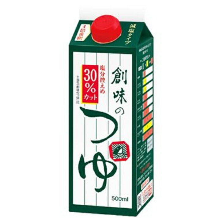 賞味期間：製造より1年 原材料：しょうゆ（国内製造）、砂糖、削りぶし（かつお、さば）、食塩、にぼし、たん白加水分解物、醗酵調味料、酵母エキス、昆布／調味料（アミノ酸等）、カラメル色素、酸味料、（一部に小麦・さば・大豆を含む） アレルギー物質：小麦、さば、大豆 栄養成分(100mlあたり) エネルギー：142kcal たんぱく質：7.8g 脂質：0g 炭水化物：27.8g 食塩相当量：10.1g カリウム：2890mg創味のつゆの美味しさはそのままに 塩分を控えめに仕上げました。 厳選しただし原料を昔ながらの製法で炊き出した 濃厚一番だしをたっぷりと配合。 だしの風味を際立たせる本醸造醤油と利尻昆布を加えることで、 減塩タイプでもコクのある味に仕上げております。