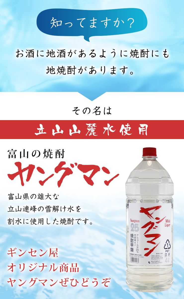 焼酎甲類　1ケース（4本）　【激安?! お買い得】　富山の甲類焼酎　25％　ヤングマン　4L　【同梱不可】【業務用向け】 焼酎甲類