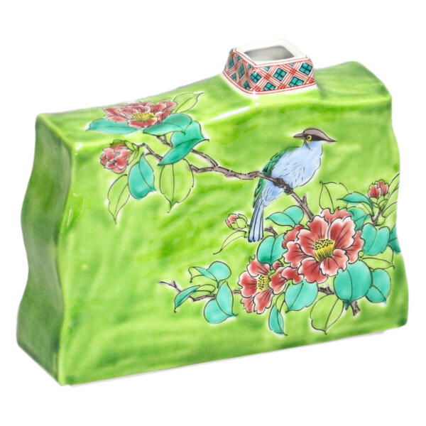 九谷焼 美山窯タタラ一輪生 ひわ地山茶花に鳥 91-013 [花瓶 一輪挿し]