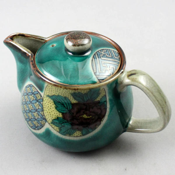 九谷焼 美山窯ポット急須（250ml）グリーン丸紋 10-154