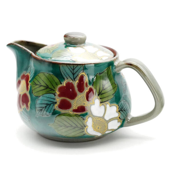九谷焼 美山窯ポット急須（360ml）グリーン山茶花 09-148 [取り寄せ商品]
