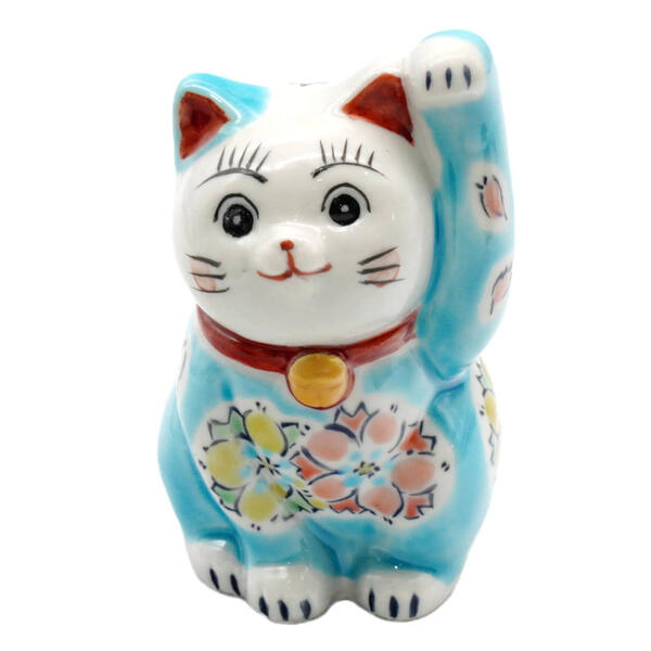 Beckoning Cat Figure - 九谷焼 招き猫（左手人お客招き猫）3号桜あそび ブルー