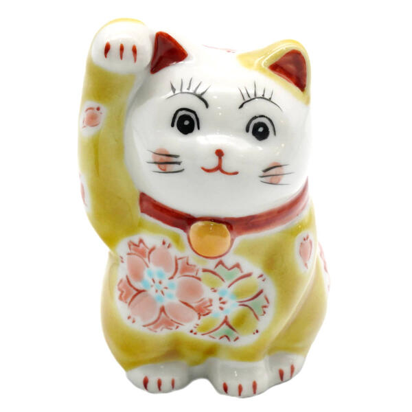 樂天商城 - 九谷焼 招き猫（右手金運招き猫）3号桜あそび イエロー