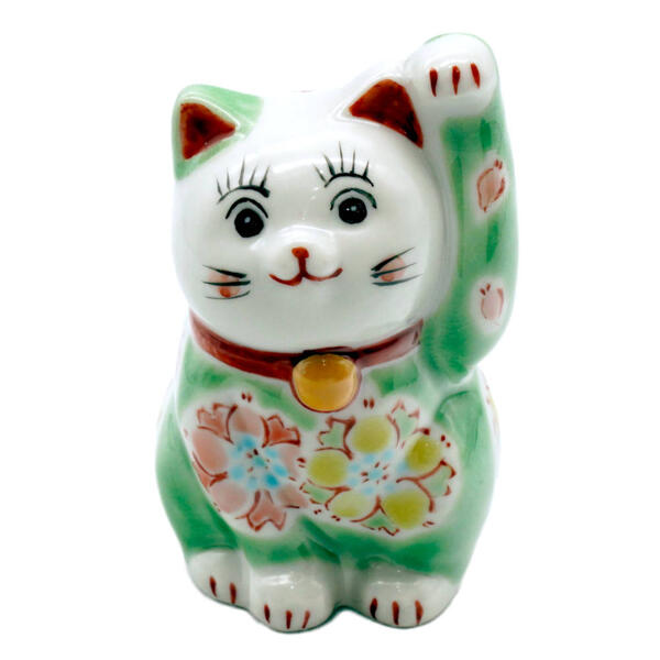 樂天商城 - 九谷焼 招き猫（左手人お客招き猫）3号桜あそび グリーン