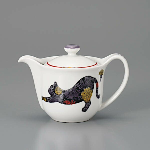 九谷焼 大志窯ポット急須（240cc）ネコ アニマルボタニカル AP8-0459