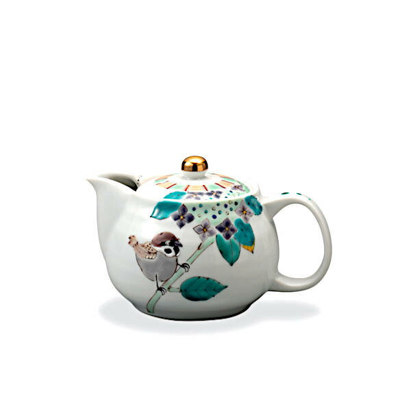 九谷焼 大志窯ポット急須（400cc）額紫陽花に雀 AP8-5050