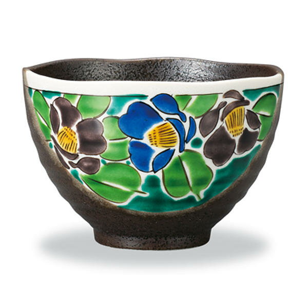 九谷焼 幸洋窯茶漬碗（ご飯茶碗）吉田屋風山茶花 青（緑）AP8-0609