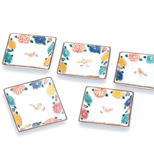九谷焼 双鳩窯3号皿揃（角皿5枚セット）小鳥とマリーゴールド AP8-0130 [豆皿 小皿]