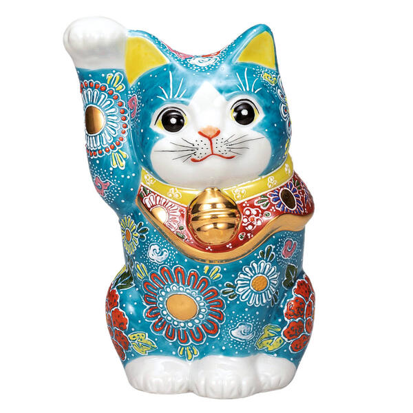 乐天商城 - 九谷焼 8号招き猫（右手金運招き猫）深青盛K9-1663