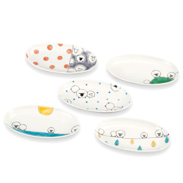 岡田絹代 九谷焼4.5号皿揃（楕円皿5枚セット）ひつじ絵変わり AP8-0116