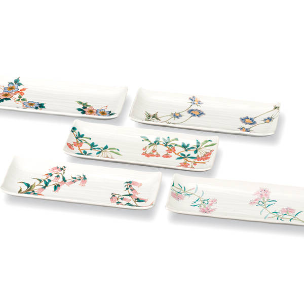 九谷焼 9.6号皿揃（長角皿5枚セット）絵変わり草花 AP8-0135