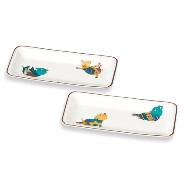 九谷焼 大志窯ペア8号皿 アニマルヨギー AP8-0228 [大皿 長角皿]