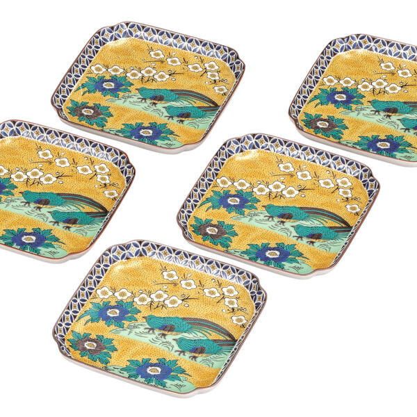 九谷焼 5.2号皿揃（角皿5枚セット）吉田屋花鳥K9-157