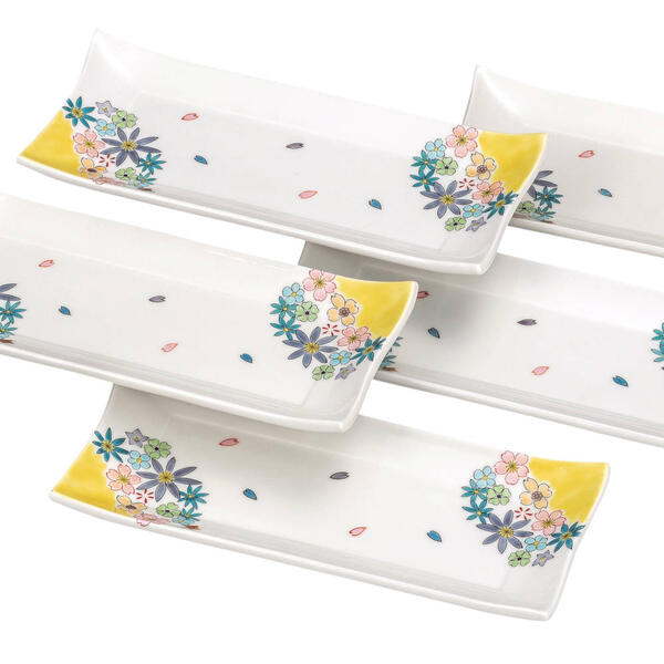 九谷焼 8号皿揃（長角皿5枚セット）花盛K9-159 [大皿 長皿 角皿]