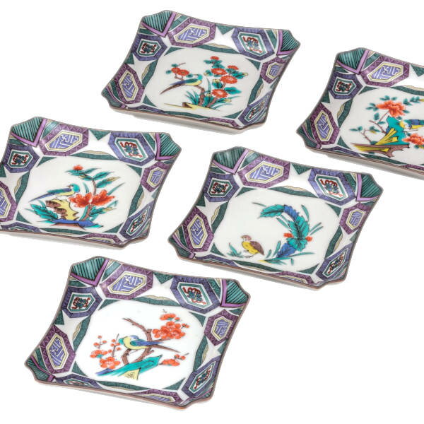 九谷焼 4.2号皿揃（角皿5枚セット）古九谷花鳥絵変りK9-136