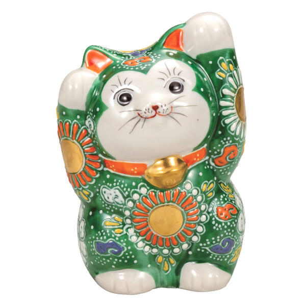 乐天商城 - 九谷焼 4号両手上げ招き猫 緑盛K9-1627
