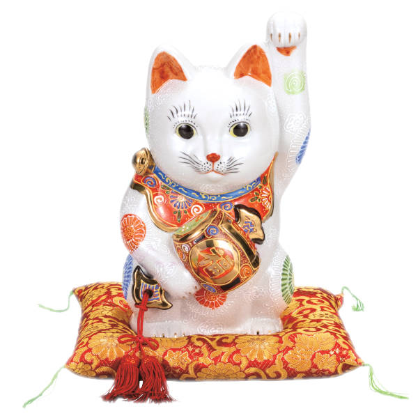 乐天商城 - 九谷焼 9号小槌持ち招き猫（左手人お客招き猫）白盛（布団付）K9-1661
