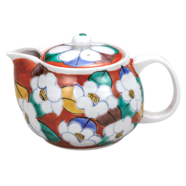 九谷焼 ポット急須（360ml）朱地椿（網付）K9-636