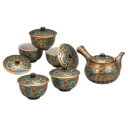 九谷焼 蓋付茶器(急須&湯呑み5個セット)青粒金唐草K9-849