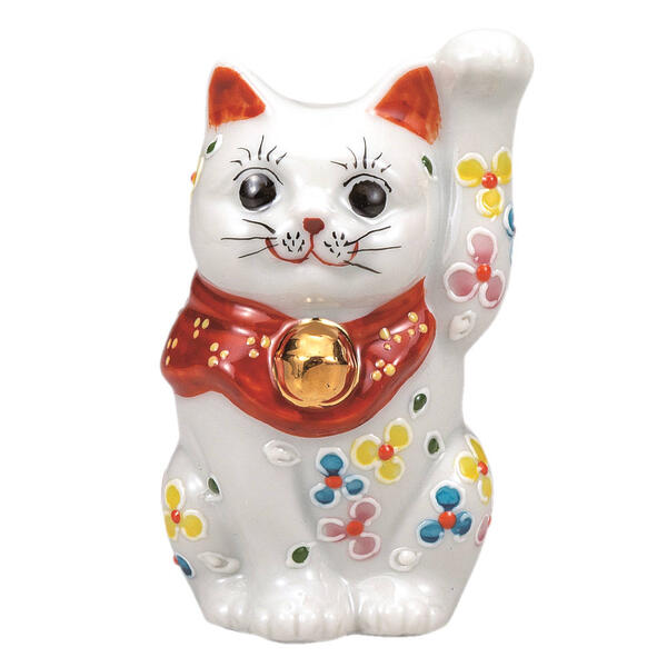 Beckoning Cat Figure - 九谷焼 2.8号招き猫（左手人お客招き猫）小花K9-1554