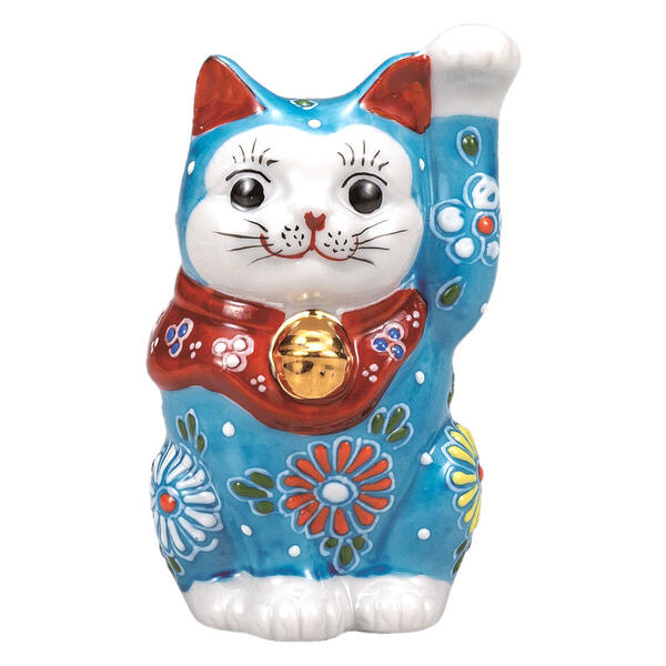 Beckoning Cat Figure - 九谷焼 2.8号招き猫（左手人お客招き猫）淡青盛K9-1555