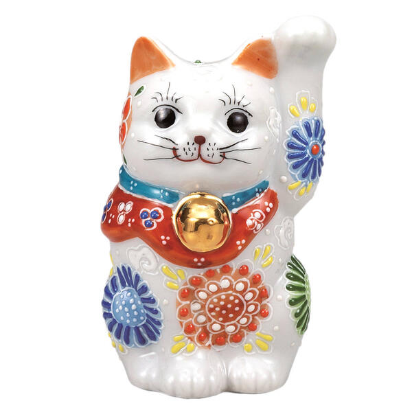 樂天商城 - 九谷焼 3.3号招き猫（左手人お客招き猫）白盛花K9-1565