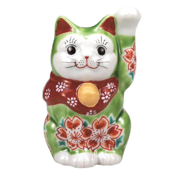 九谷焼 3.3号招き猫（左手人お客招き猫）グリーン釉桜K9-1568