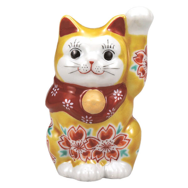 樂天商城 - 九谷焼 3.3号招き猫（左手人お客招き猫）イエロー釉桜K9-1570