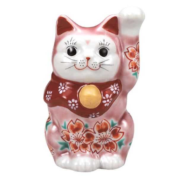 樂天商城 - 九谷焼 3.3号招き猫（左手人お客招き猫）ピンク釉桜K9-1571