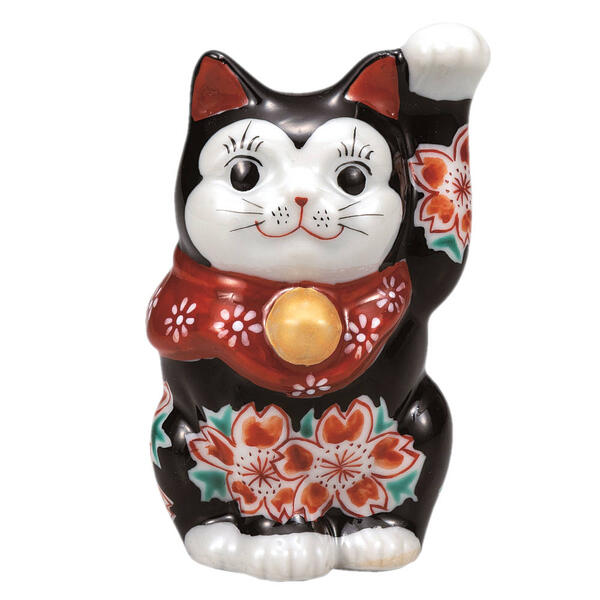乐天商城 - 九谷焼 3.3号招き猫（左手人お客招き猫）ブラック釉桜K9-1572