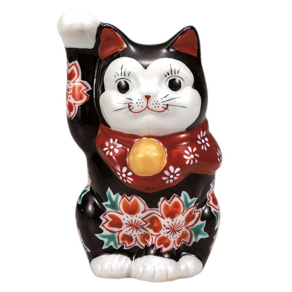 樂天商城 - 九谷焼 4号招き猫（右手金運招き猫）ブラック釉桜K9-1578