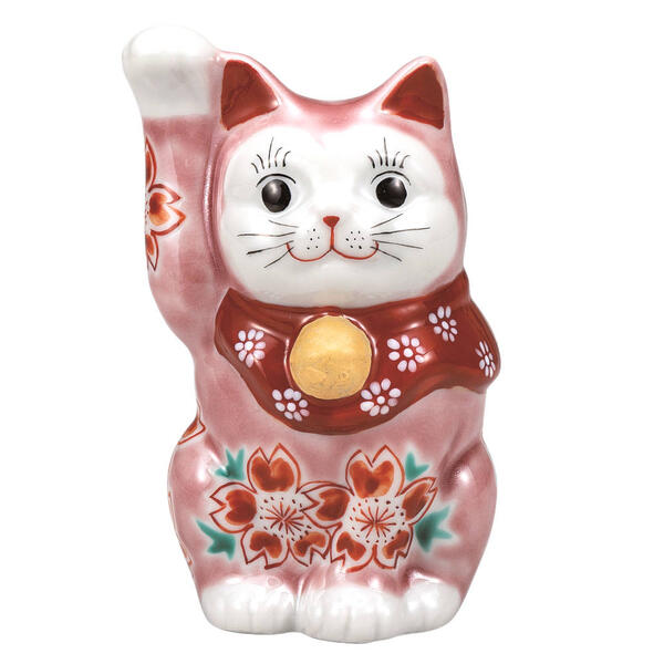 乐天商城 - 九谷焼 4号招き猫（右手金運招き猫）ピンク釉桜K9-1579