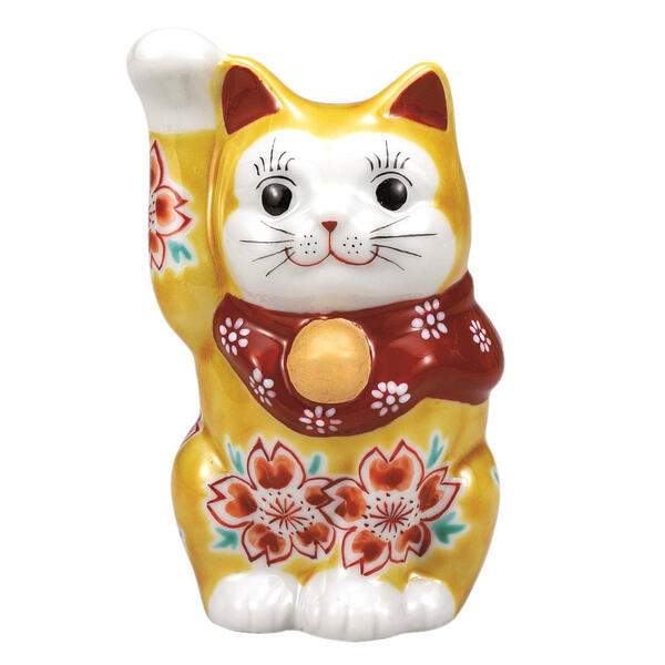 乐天商城 - 九谷焼 4号招き猫（右手金運招き猫）イエロー釉桜K9-1580