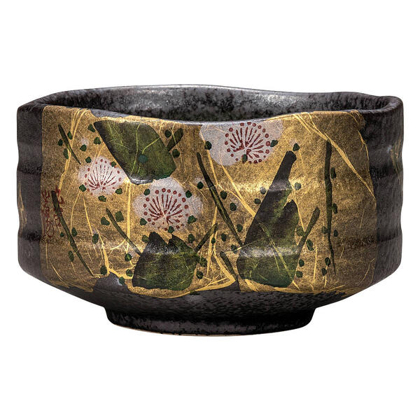 山田登陽志 九谷焼抹茶碗 金箔梅 K9-885