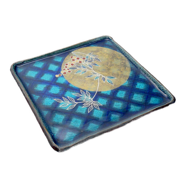 苧野憲夫 九谷焼6.8号四方皿（角皿）月と南天