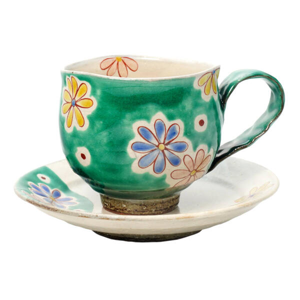 九谷焼 虚空蔵窯カップ＆ソーサー 花紋 グリーン 10012383