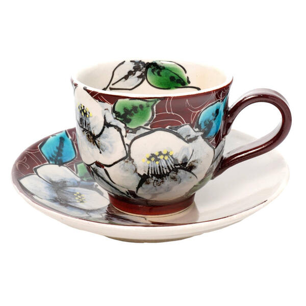 九谷焼 虚空蔵窯カップ＆ソーサー 古染椿文 ブラウン 10012408