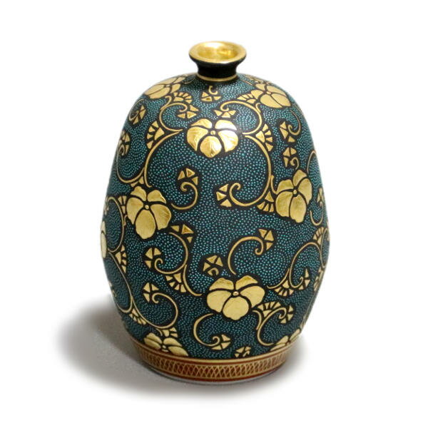 仲田錦玉 九谷焼3.6号花瓶 渦打青粒盛金蔦文唐草 [花器]