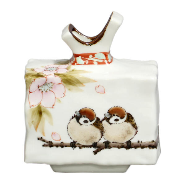 中村陶志人 九谷焼扁壷 Y口小型桜二雀図T-210 [花瓶 一輪挿し]