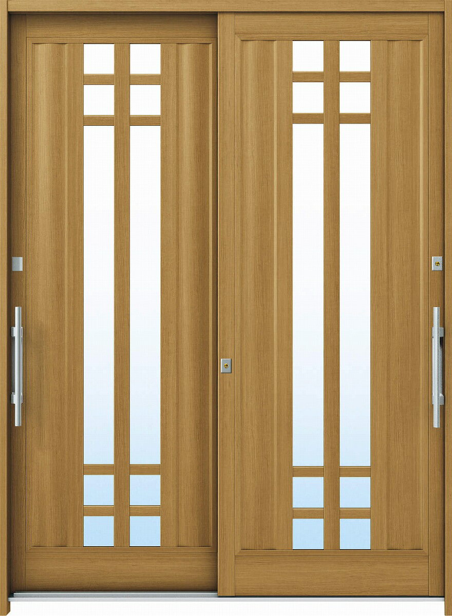 YKKAP玄関 玄関引戸 れん樹[洋風ベーシック] 6尺2枚建[ランマ通し] B09[木目柄]：単板ガラス[幅1640mm×..